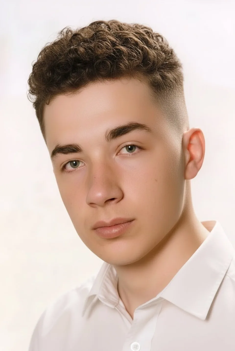 Young man with a short French crop style haircut